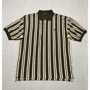 Knights of Round Table Mens XL Vintage Vertical Stripe Polo Shirt Brown Cream